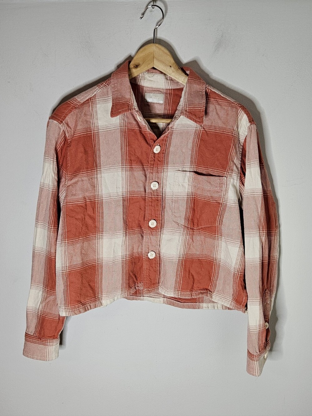 Mother Denim Plaid Overshirt Orange Cropped Button Front Cotton Women's S